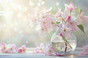 Romantic pastel flowers in transparent vase on wooden table