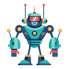 Friendly teal and blue robot with red accents and antennas