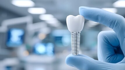 Detailed shot of a dental implant featuring a metal screw base and white crown held by a gloved hand in a blurred medical laboratory background symbolizing advanced oral health solutions
