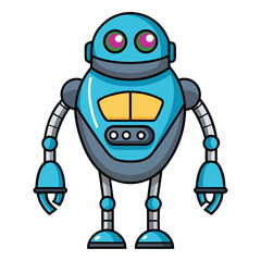 Friendly blue cartoon robot with big eyes and yellow panel