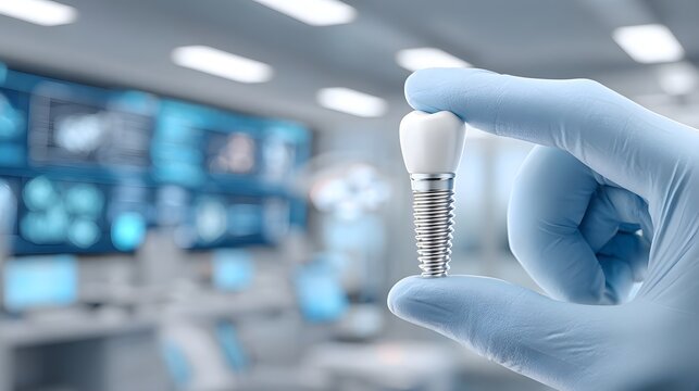 Close up of a dental implant including screw base and crown held by a gloved hand in a high tech medical environment with blurred digital displays