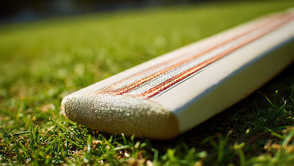 Aerial perspective of cricket net practice equipment on grass: bat, multiple balls, cone markers visible