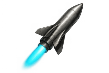 Rocket spaceship launching into space with a bright blue exhaust flame, representing advanced technology and future exploration
