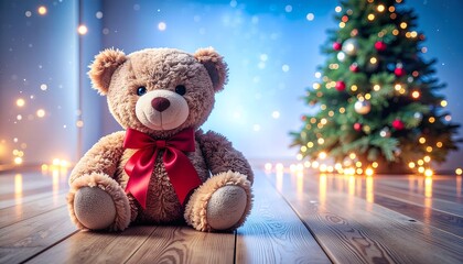 Close-up of Teddy Bear with Red Ribbon in Front of Blurred Christmas Tree
