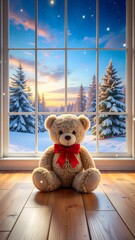 Portrait of Teddy Bear in Window with Snowy Forest View and Sunset Sky
