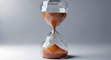 An hourglass with rich brown sand slowly flowing from the top bulb to the bottom bulb against a neutral background