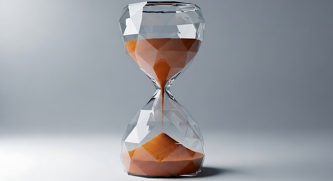 An hourglass with rich brown sand slowly flowing from the top bulb to the bottom bulb against a neutral background