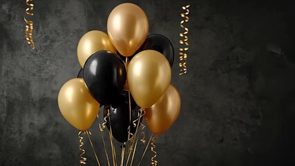 A cluster of black and gold balloons with curly golden ribbons against a dark textured background