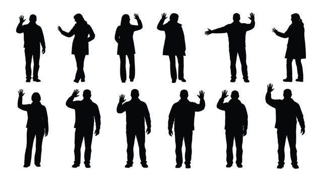 People silhouettes waving and gesturing isolated on white background, Vector