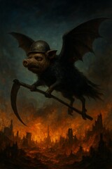 Fototapeta premium Dark Surreal Painting of a Bat-Pig Hybrid Wearing a Helmet and Holding a Scythe Over a Burning Cityscape