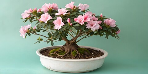 Beautiful pink azalea bonsai tree blossoming in a white pot against a serene green backdrop, perfect for mindful meditation and adding zen to your space