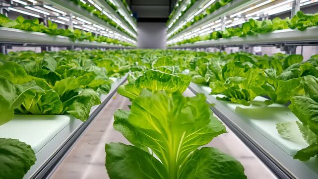Lush green lettuce thriving in a modern hydroponic farm with rows of vibrant plants under bright lights