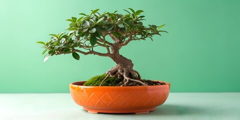 Beautiful bonsai tree in orange pot against soft green background brings tranquility to your space, perfect for home decor or zen-inspired designs