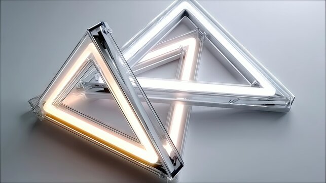 Two triangular frames with glowing neon lights intersect, creating an abstract and modern geometric composition.
