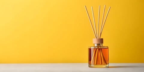 Elegant aromatic reed diffuser creating calm ambience in modern home interior, perfect for relaxation and spa promotions with bright yellow background
