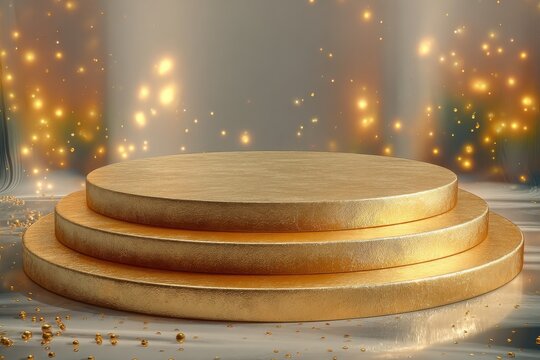Golden Stage of Success: A radiant, tiered stage, awash in a golden glow, shimmering with ambient light. A symbol of triumph and presentation, it evokes a sense of anticipation and accomplishment.