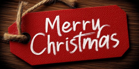 A red tag with the inscription Merry Christmas written in white on a wooden background using an elegant cursive font for holiday gift giving