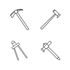 Four simple line drawings of tools on white background hammer pickaxe