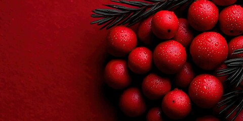 Close up of red berries on the right side with a red background red balls shaped like Christmas wreaths on top and black pine branches on the left