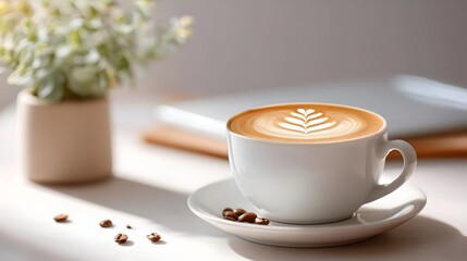 A white cup of latte with intricate foam art sits on a saucer with coffee beans illuminated by soft sunlight  A blurred potted plant and laptop create a cozy background