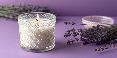 Elegant lavender aromatherapy candle burning bright, creating a soothing and calm atmosphere for self care and spa relaxation with purple background