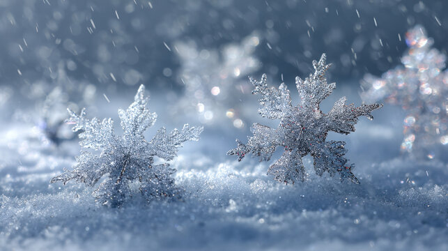 two iridescent, glittering snowflake ornaments standing upright in a bed of fresh snow, with soft blue lighting, falling snow, and bright, blurred bokeh highlights, perfect for winter and christmas