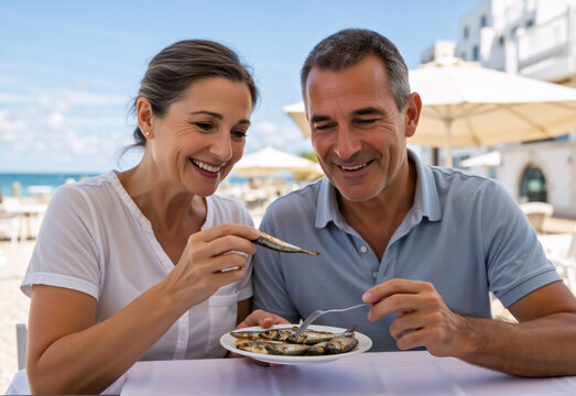 Happy middle-aged couple eating grilled sardines at a seaside restaurant in Portugal. Man and woman enjoying traditional Portuguese seafood lunch outdoors