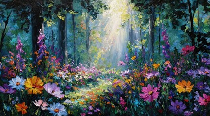 Obraz premium Vibrant floral forest path, sunlit