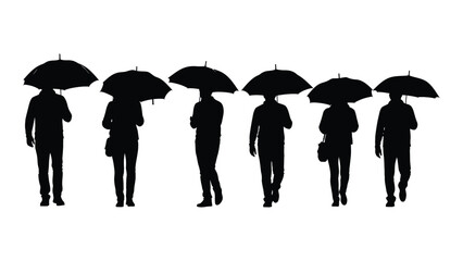 Silhouettes of people with umbrellas isolated on white background, Vector