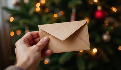 Hand holding brown envelope with Christmas tree background