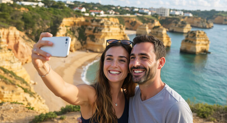 Happy couple taking a selfie with a smartphone on a cliff in Portugal. Young man and woman smiling during summer vacation in the Algarve