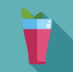 Glass of pink refreshing juice with mint leaves on a turquoise background with long shadow