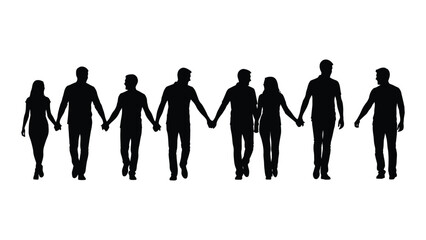 Silhouettes of diverse people holding hands isolated on white background, Vector