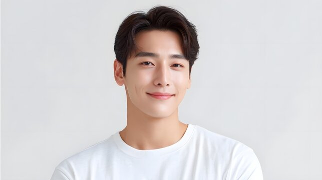 A friendly and confident young adult male poses for a portrait with a genuine smile showcasing his dimples and clear complexion  The minimalist studio setting highlights his approachable demeanor