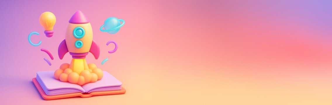 Colorful rocket launch from book with lightbulb and planet on abstract gradient background, concept of creativity and imagination for banner copyspace. Ai generative