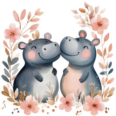 Hippos with floral frame on transparent background