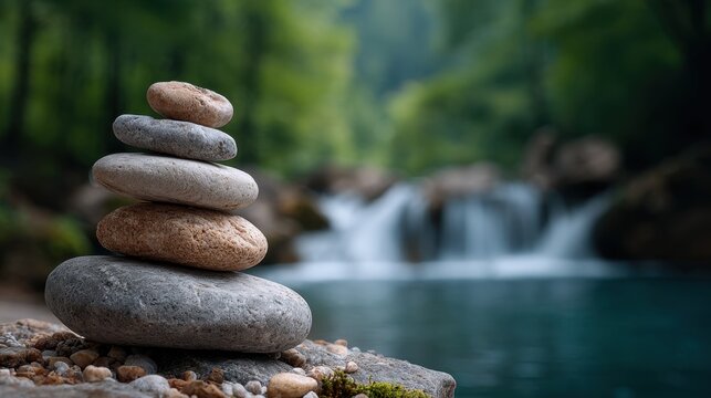 Stacked rocks, blurred waterfall background, simple circle concept, copy space.