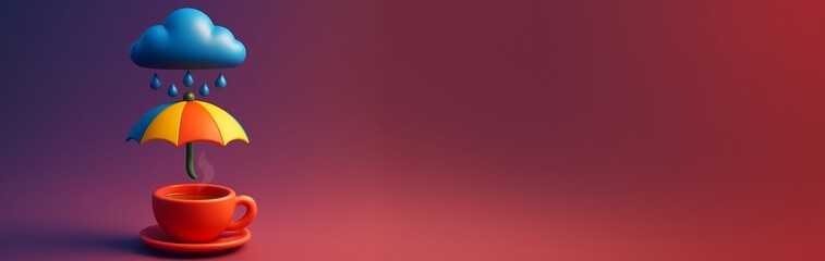 Colorful umbrella protects hot coffee cup from rain under cloud, vibrant concept on abstract gradient background with copy space for design template. Ai generative
