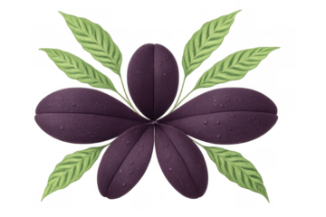 Purple five-petal flower with water drops and green leaves on a transparent background, botanical illustration