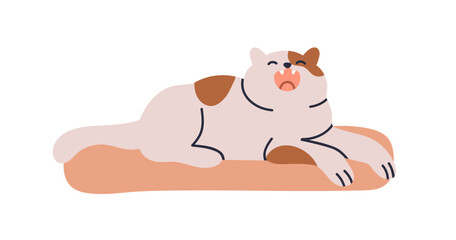 Cute cat lying on pet bed, yawning. Sleepy lazy feline resting on cozy cushion. Home animal, adorable kitty enjoying relaxation, leisure. Flat vector illustration isolated on white background.