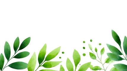 Obraz premium ic watercolor illust n of fresh green leaves and dots creating an organic border on a white background evoking nature and spring growth