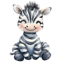 Cute zebra sitting down on transparent background