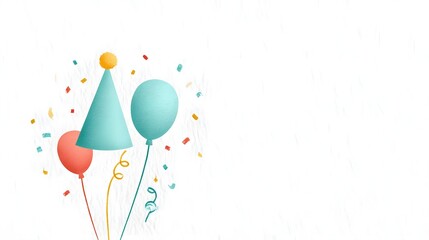Celebratory scene with a blue party hat coral and turquoise balloons and scattered confetti on textured white  Festive deco ns create a fun bright atmosphere for birthdays or parties