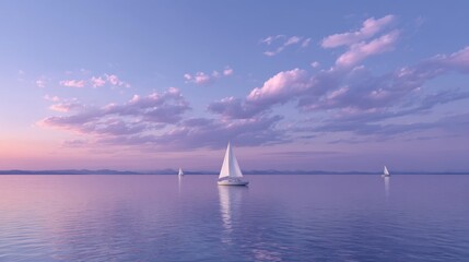 Fototapeta premium Tranquil Sailing Boats on a Pastel Lake Under Soft Pink and Purple Skies at Dusk