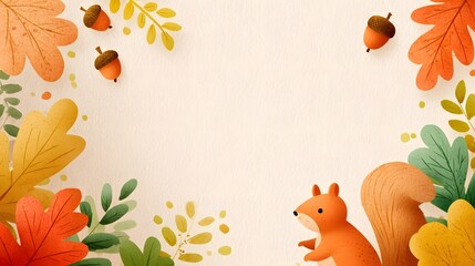 Adorable illust n featuring a friendly squirrel amidst a vibrant collection of autumnal foliage and acorns  The textured light background enhances the cozy and seasonal theme