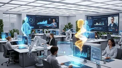 Modern office with professionals working at desks, interacting with advanced holographic displays and augmented reality interfaces showing data visualizations and virtual figures. - Powered by Adobe