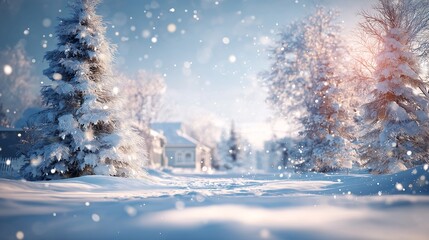 雪に覆われた木々と家並み、キラキラと光る冬の美しい風景