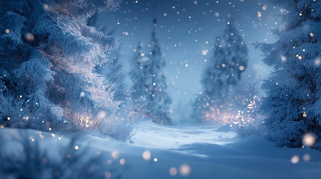 深い雪に閉ざされた静かな針葉樹の森、青く幻想的な冬の世界