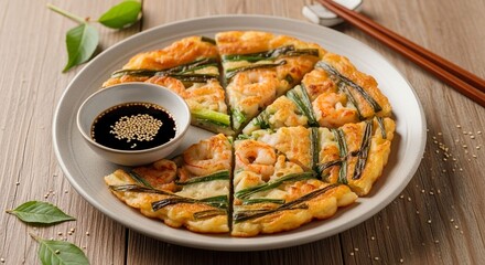 A delicious Haemul Pajeon, a Korean seafood and scallion pancake, sliced and served on a light gray plate. It's accompanied by a dark soy sauce with sesame seeds and garnished with green onions.