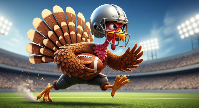 Cartoon turkey wearing football helmet and uniform runs with football on the field, representing Thanksgiving and sport spirit for celebration